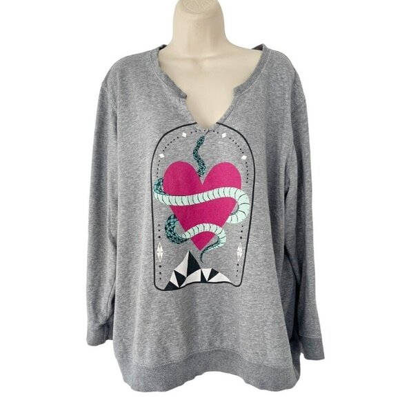 Torrid Womens Size 1 or 1X Snake Heart Grey Terry Split Neck Sweatshirt - Picture 2 of 8